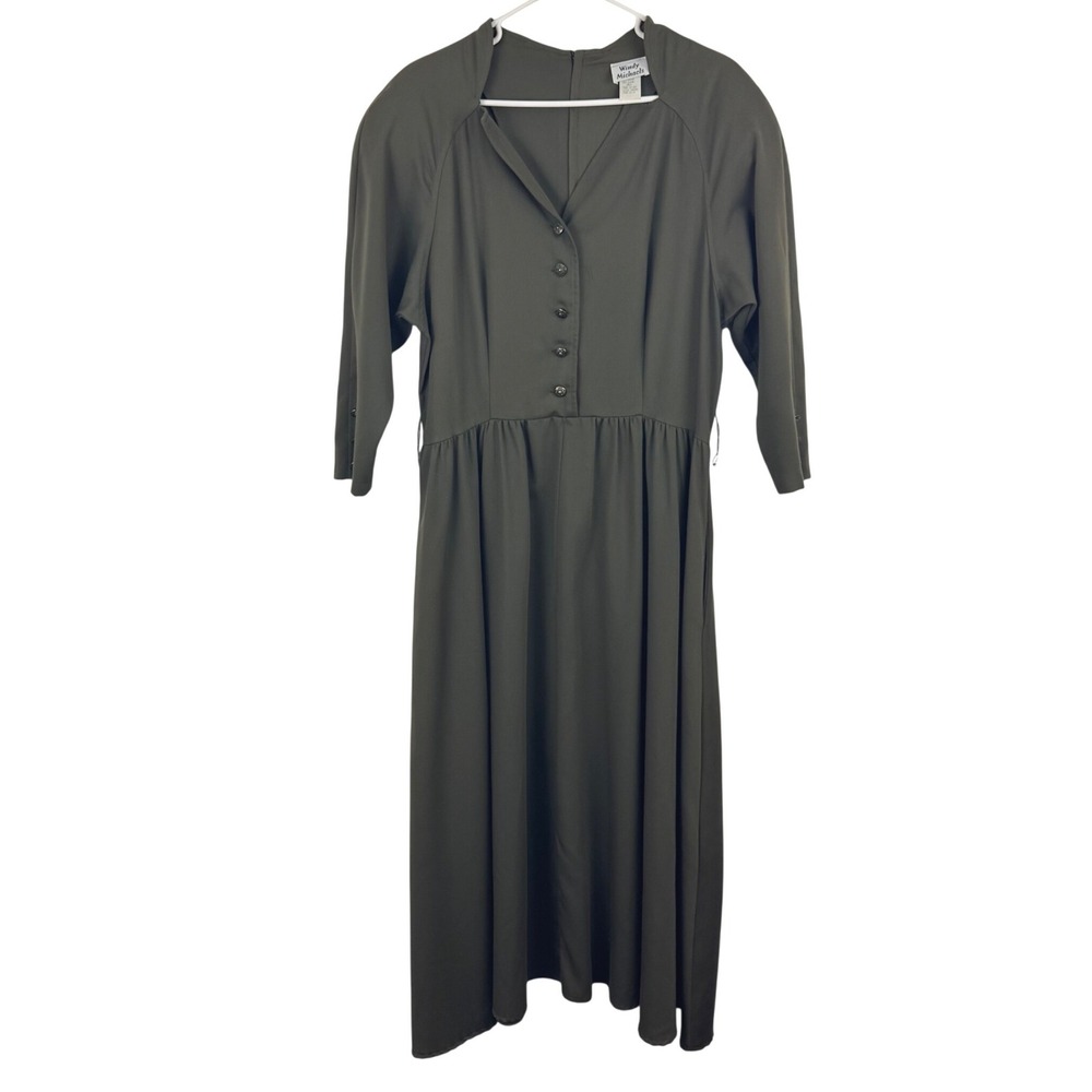 Vintage 80s Olive Green Midi Dress Prairie Cottagecore Dark Academia USA 13/14 - Picture 3 of 11